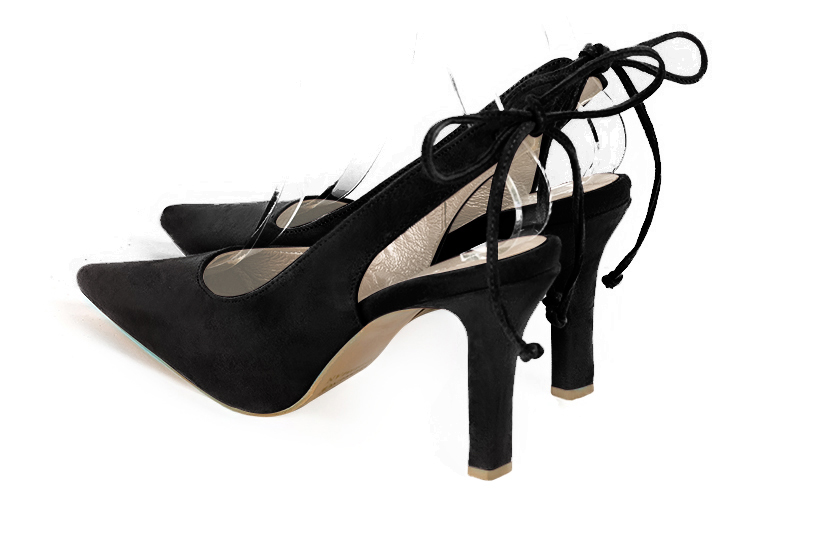 Matt black women's slingback shoes. Pointed toe. High slim heel. Rear view - Florence KOOIJMAN